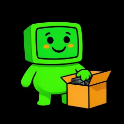 A small green creature with a CRT monitor for a head, unpacking a server from a cardboard box.