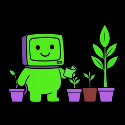 The creature watering a row of four plants, each taller than the last.