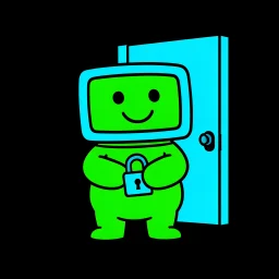 The same creature standing in front of a door, holding a closed padlock.