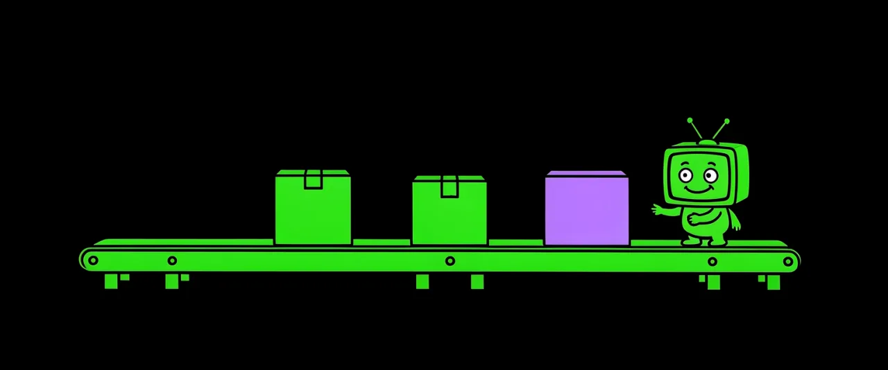 A long conveyor belt with three boxes spaced along it, a small figure reaching for one at the right end.