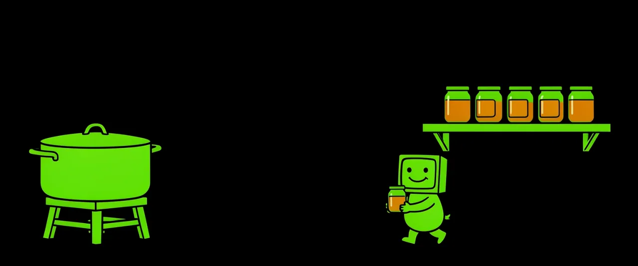 A big cooking pot on a stool at the left, a shelf of identical sealed jars at the right, and the small creature carrying one jar between them.