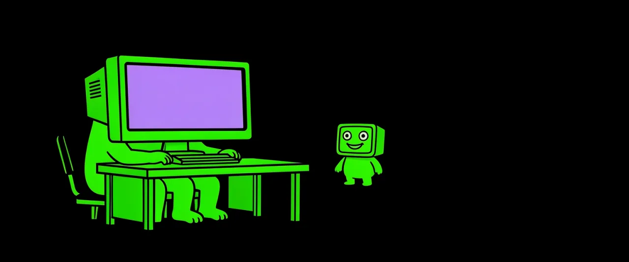 Two creatures of the same kind sitting side by side at one desk in front of a single wide monitor.