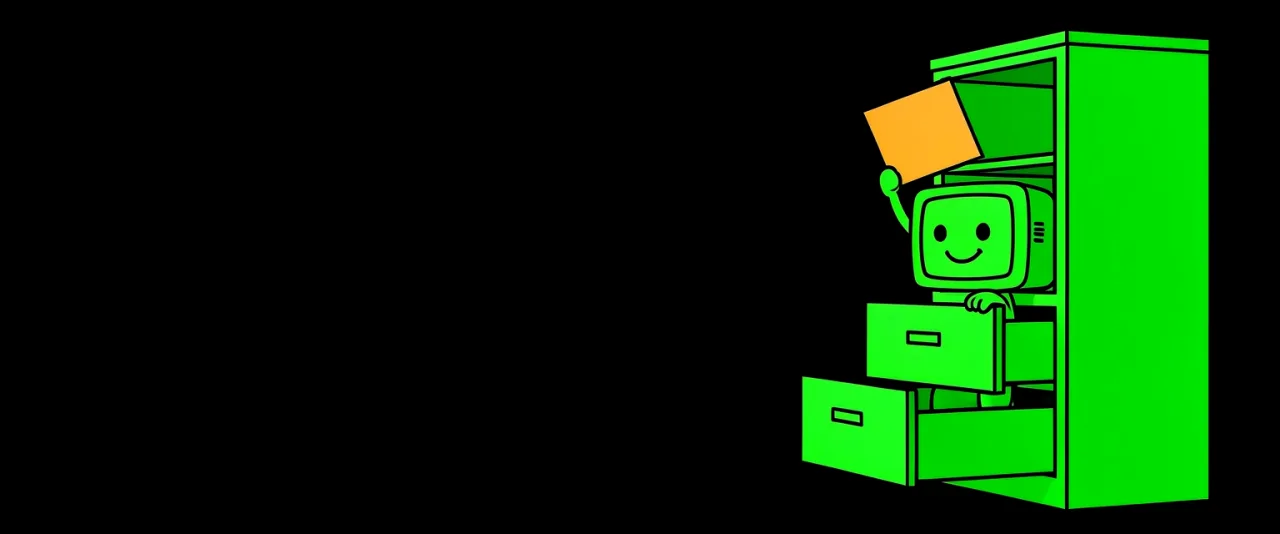 A filing cabinet with one drawer pulled fully open, a small figure standing on the drawer holding a sheet up.
