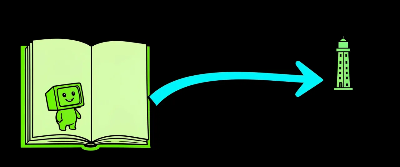 A large open book with an arrow leaving its pages and travelling to a small distant tower.