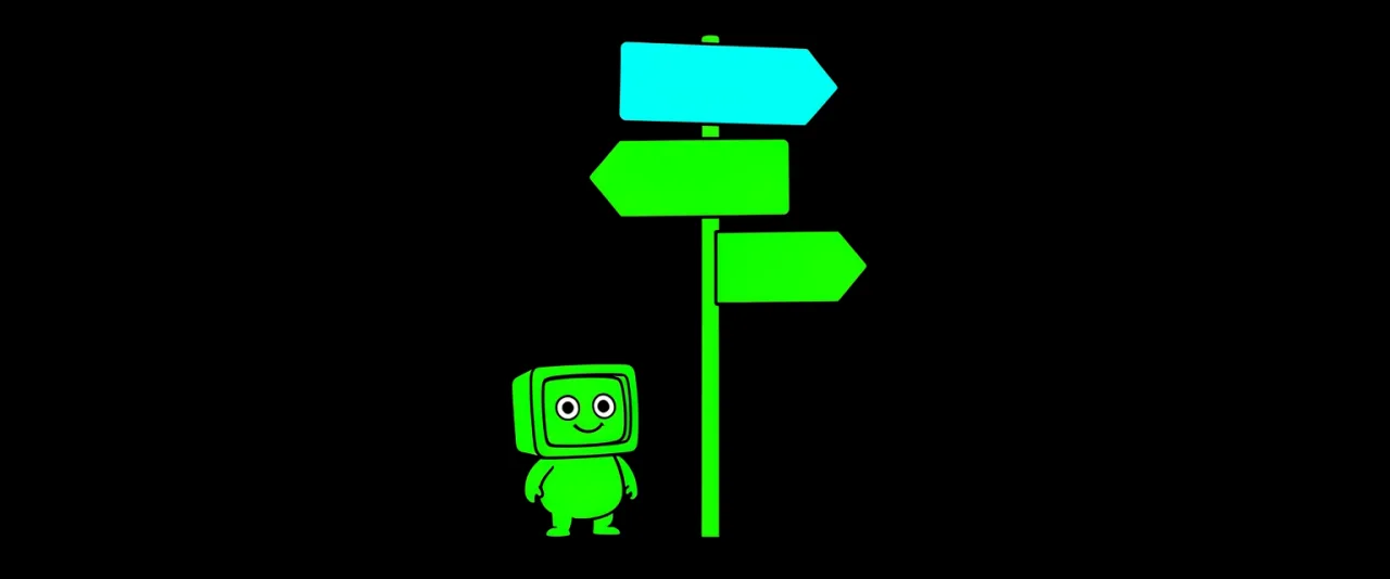 A signpost with three blank arrow boards pointing in different directions, a small figure at its foot.
