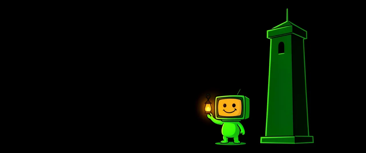 A dark switched-off tower with a small figure at its base holding up a lantern.