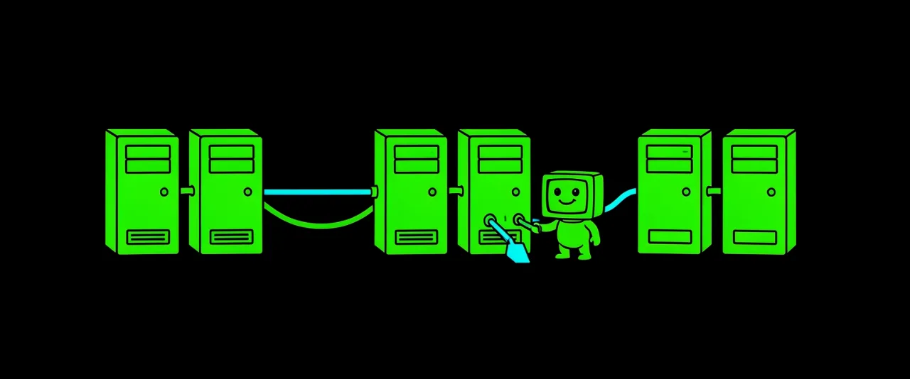 Three pairs of identical server boxes spaced across the frame, each pair joined by a short cable, and the small creature pulling a lever beside the middle pair.