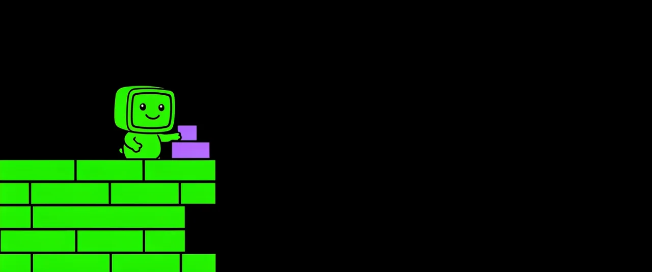 A short half-built brick wall, a small figure at its unfinished end laying one more brick.