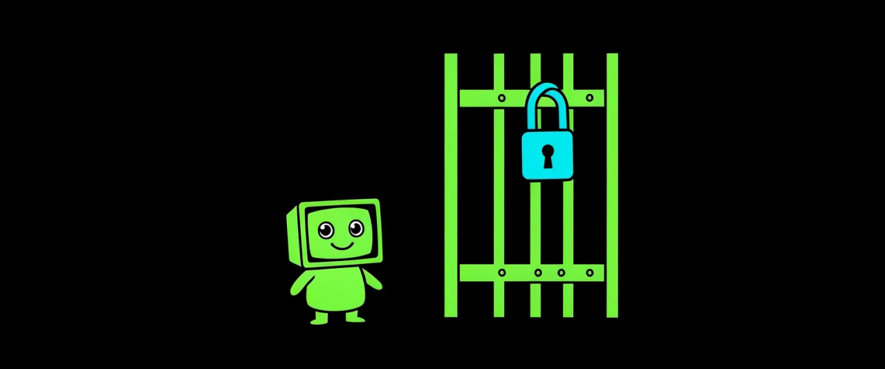 A barred gate with a large closed padlock on it, a small figure standing to one side.