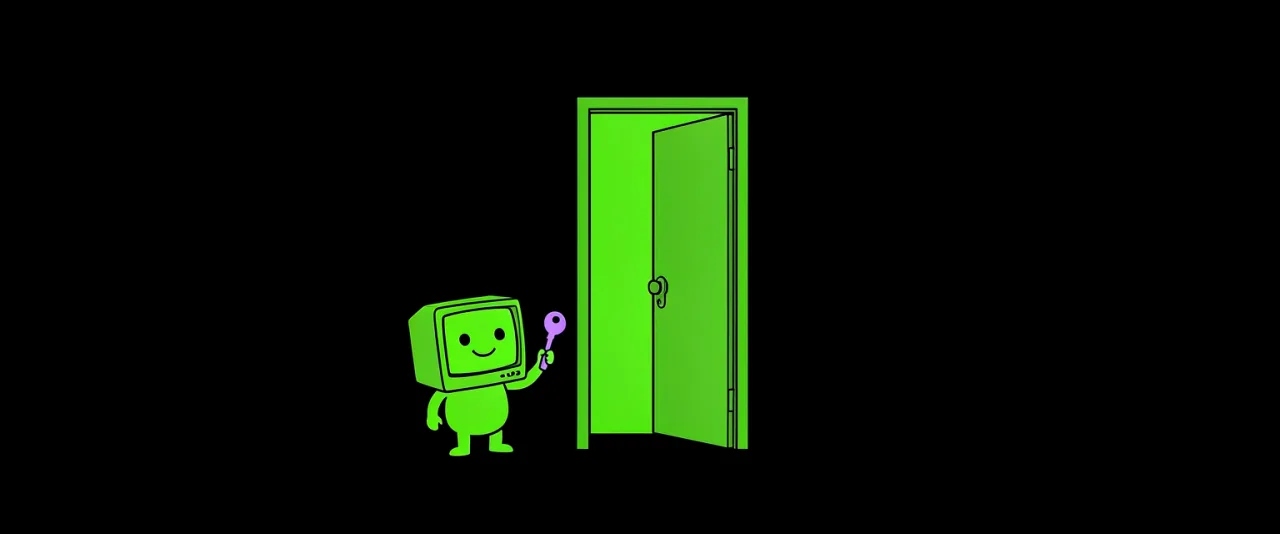 A single door standing alone in empty space, slightly ajar, a small figure beside it holding a key up.