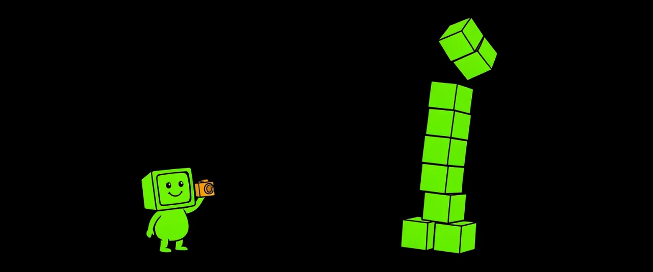 A tall tower of stacked boxes at the right leaning steeply with its top box tipping off, and the small creature well to the left pointing a small camera at it.