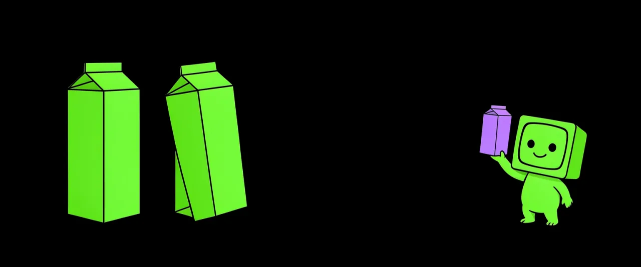 Two tall cartons stand at the left with a third tilted over as it is lifted out, and the small creature at the right holds up a fresh carton of the same shape.