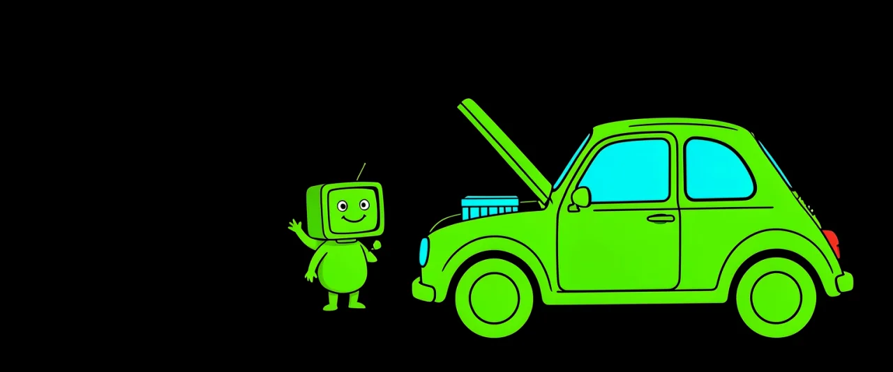A side view of a small car with its bonnet propped open, a small figure beside it with one arm raised.