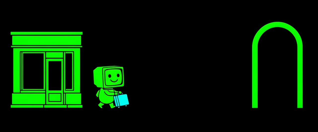 A small figure carrying a suitcase from a closed shop front on the left towards an open archway on the right.