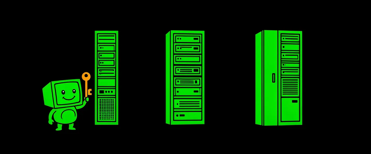 Three tall server cabinets standing apart, a small figure at the left holding up an oversized key.