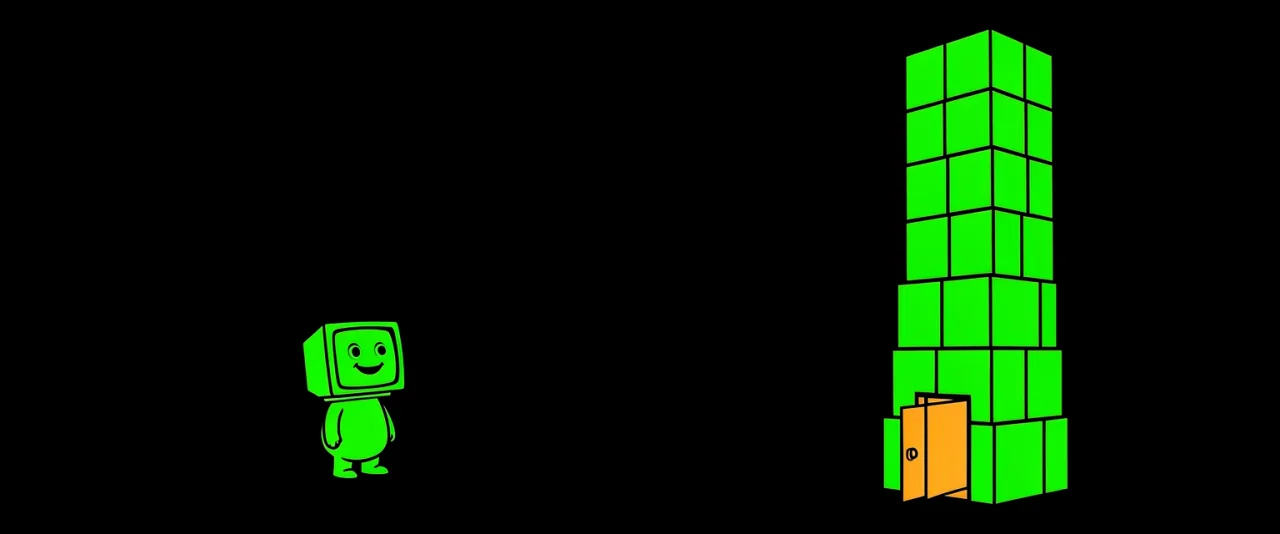 A small figure looking up at a tall tower of stacked boxes with one lit door open at its base.