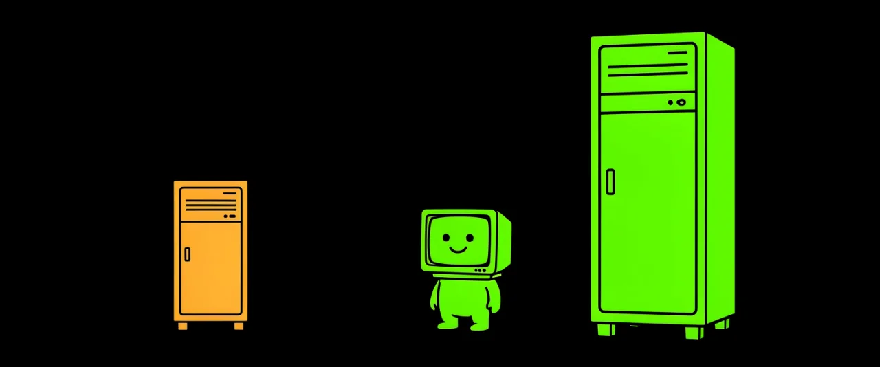 A large server cabinet on the right and a much smaller cabinet of the same shape on a desk at the left, a small figure standing between them.